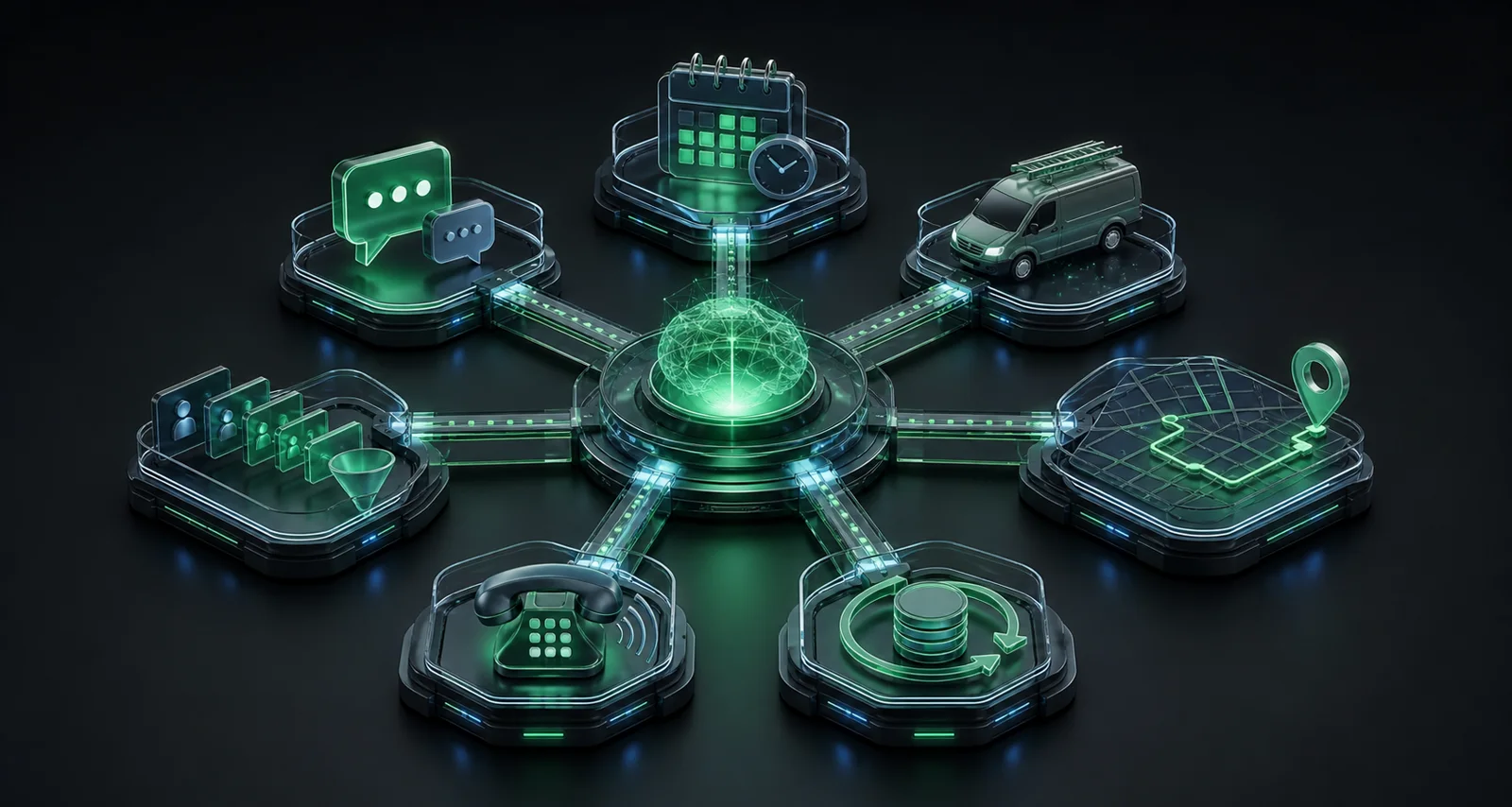A technical visualization of the Crewvana AI operating layer connecting calls, calendar, crews, leads, maps, and business data
