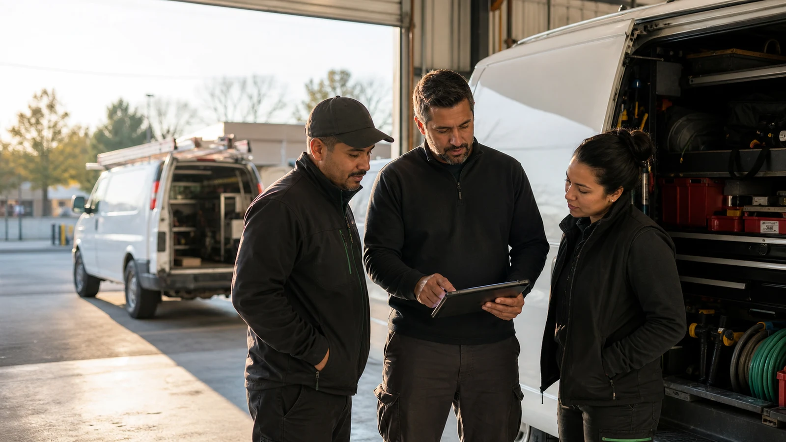 A home-service owner and field crew reviewing the day together beside their service vans