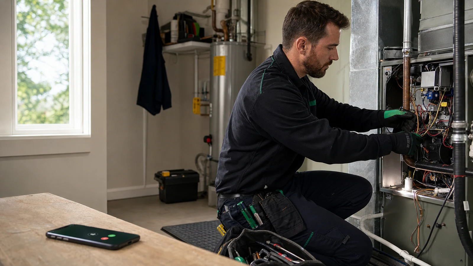 An HVAC technician continuing a repair while Crewvana covers an incoming customer call